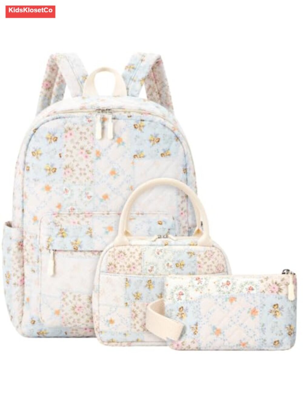 3 Piece Floral Patchwork Quilted Cotton Backpack Set with Lunch Bag & Pencil